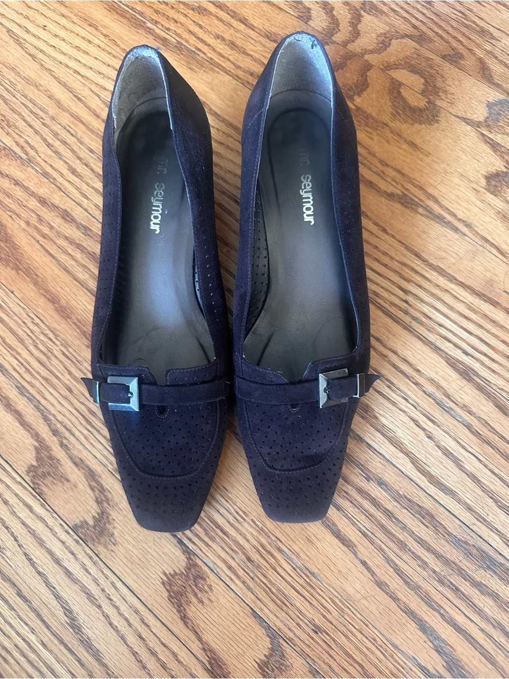 Suede Perforated Chocolate Brown Pumps  with Buckle Detail & Kitten Heels